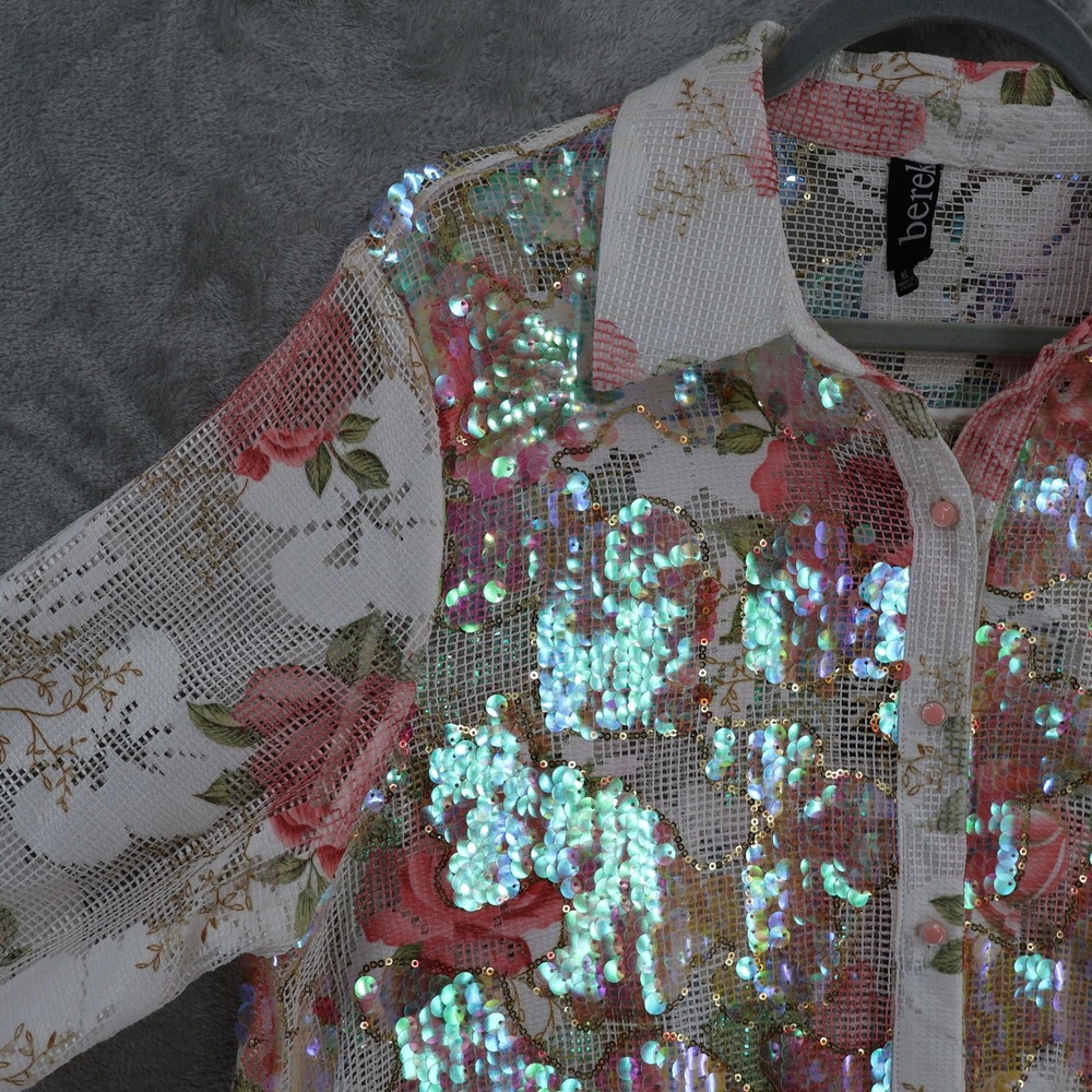Berek Floral Mesh Sequined Top Womens XL White High-Low Maximalism $199 NWT - Picture 9 of 16